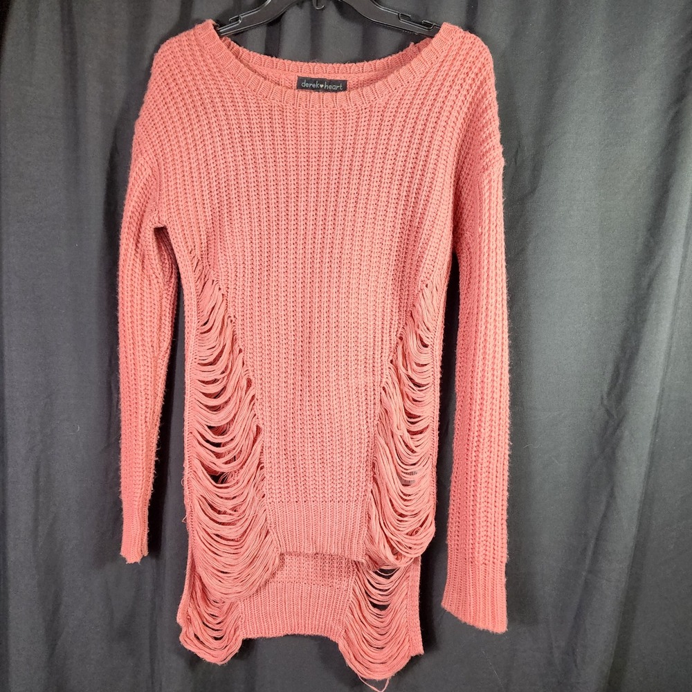 Derek Heart Pink Distressed Shredded Knit Sweater Tunic Dress‎ Size Medium BOHO